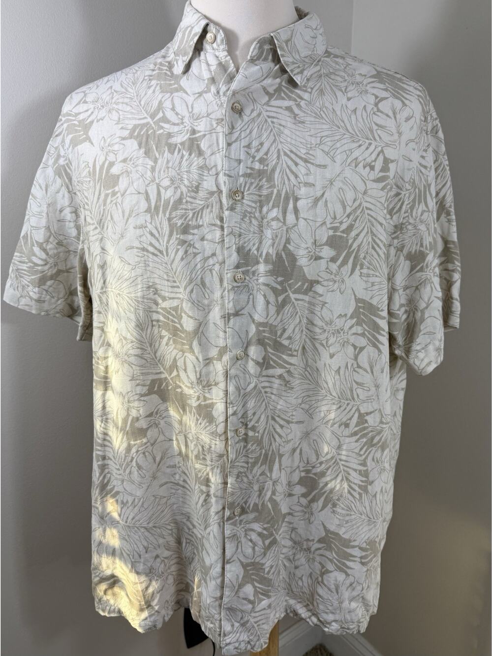 Treasure Island Silk Linen Hawaiian Camp Shirt XXL Beige Tropical Floral Button